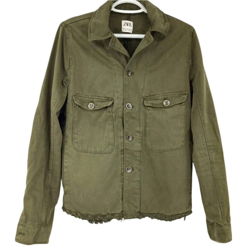 Zara Relaxed Fit Olive Green Jacket Unisex Oversized Frayed Hem Army Military S